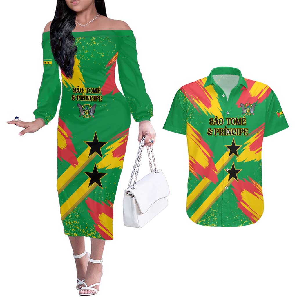Custom Sao Tome and Principe Football Couples Matching Off The Shoulder Long Sleeve Dress and Hawaiian Shirt Selecao dos Falcoes e Papagaios