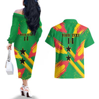 Custom Sao Tome and Principe Football Couples Matching Off The Shoulder Long Sleeve Dress and Hawaiian Shirt Selecao dos Falcoes e Papagaios