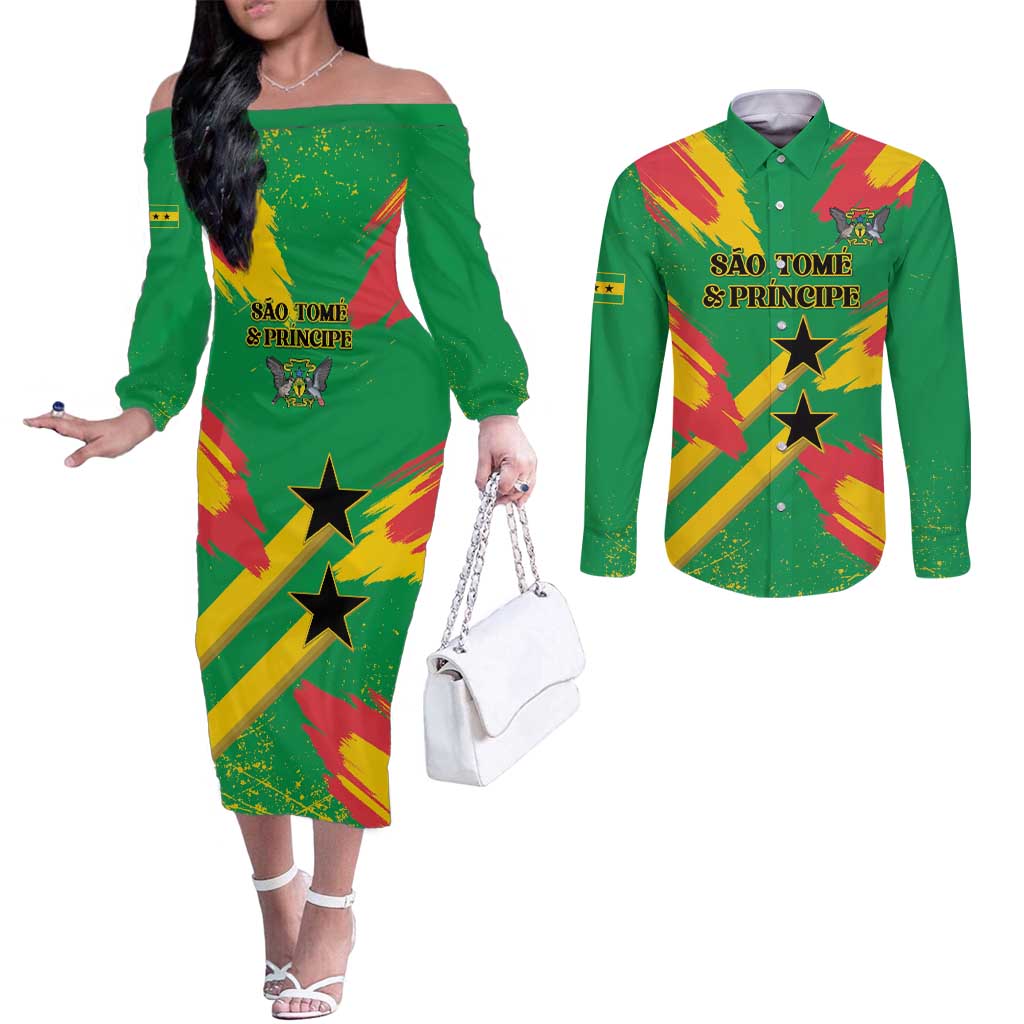 Custom Sao Tome and Principe Football Couples Matching Off The Shoulder Long Sleeve Dress and Long Sleeve Button Shirt Selecao dos Falcoes e Papagaios