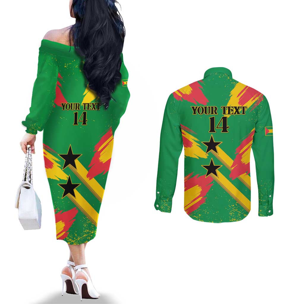 Custom Sao Tome and Principe Football Couples Matching Off The Shoulder Long Sleeve Dress and Long Sleeve Button Shirt Selecao dos Falcoes e Papagaios