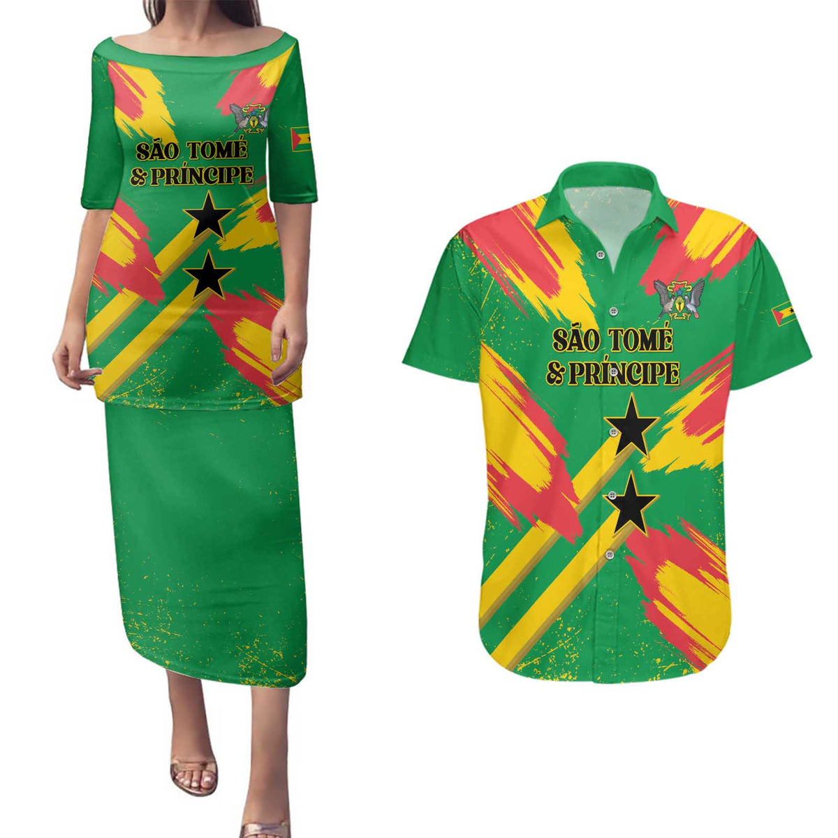 Custom Sao Tome and Principe Football Couples Matching Puletasi and Hawaiian Shirt Selecao dos Falcoes e Papagaios