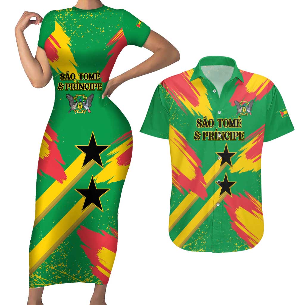 Custom Sao Tome and Principe Football Couples Matching Short Sleeve Bodycon Dress and Hawaiian Shirt Selecao dos Falcoes e Papagaios