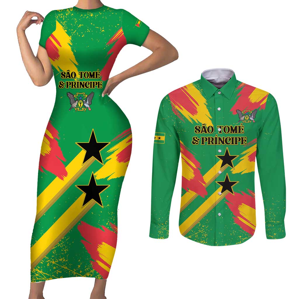 Custom Sao Tome and Principe Football Couples Matching Short Sleeve Bodycon Dress and Long Sleeve Button Shirt Selecao dos Falcoes e Papagaios