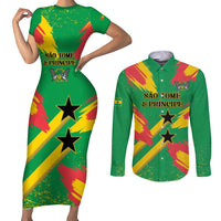 Custom Sao Tome and Principe Football Couples Matching Short Sleeve Bodycon Dress and Long Sleeve Button Shirt Selecao dos Falcoes e Papagaios