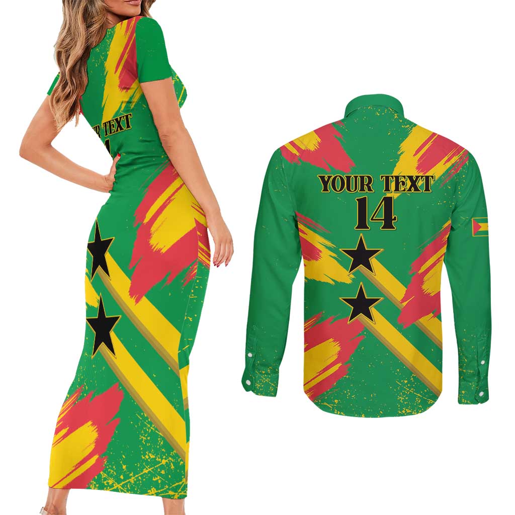 Custom Sao Tome and Principe Football Couples Matching Short Sleeve Bodycon Dress and Long Sleeve Button Shirt Selecao dos Falcoes e Papagaios
