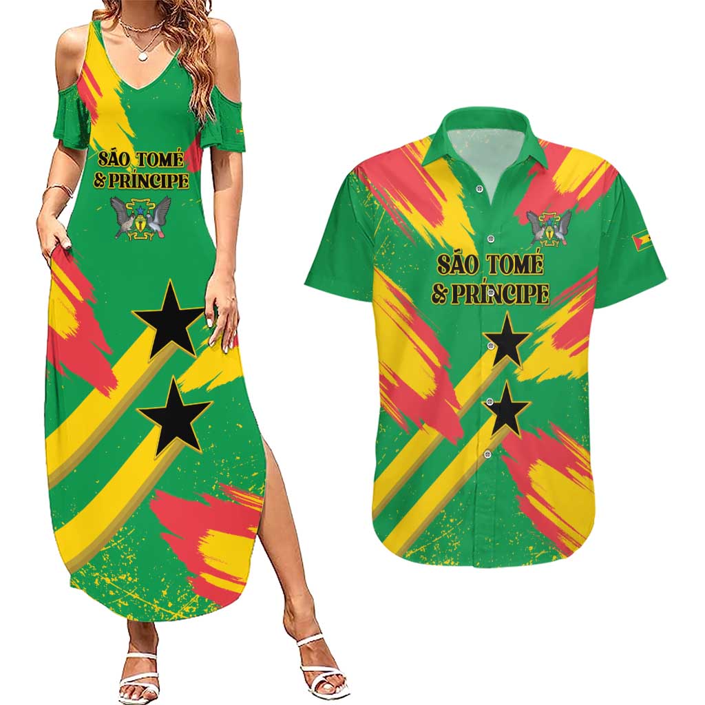 Custom Sao Tome and Principe Football Couples Matching Summer Maxi Dress and Hawaiian Shirt Selecao dos Falcoes e Papagaios
