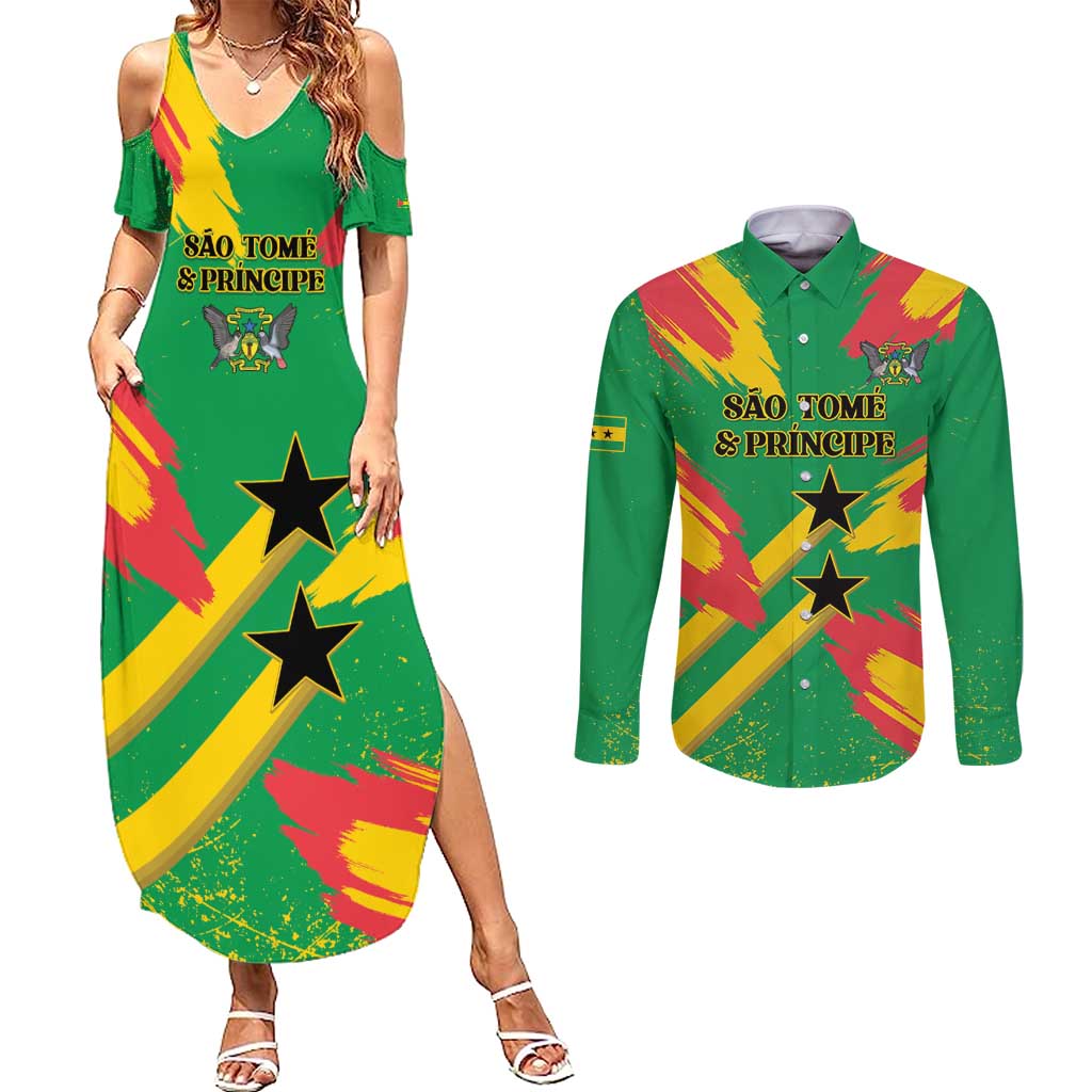 Custom Sao Tome and Principe Football Couples Matching Summer Maxi Dress and Long Sleeve Button Shirt Selecao dos Falcoes e Papagaios