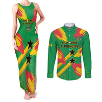Custom Sao Tome and Principe Football Couples Matching Tank Maxi Dress and Long Sleeve Button Shirt Selecao dos Falcoes e Papagaios