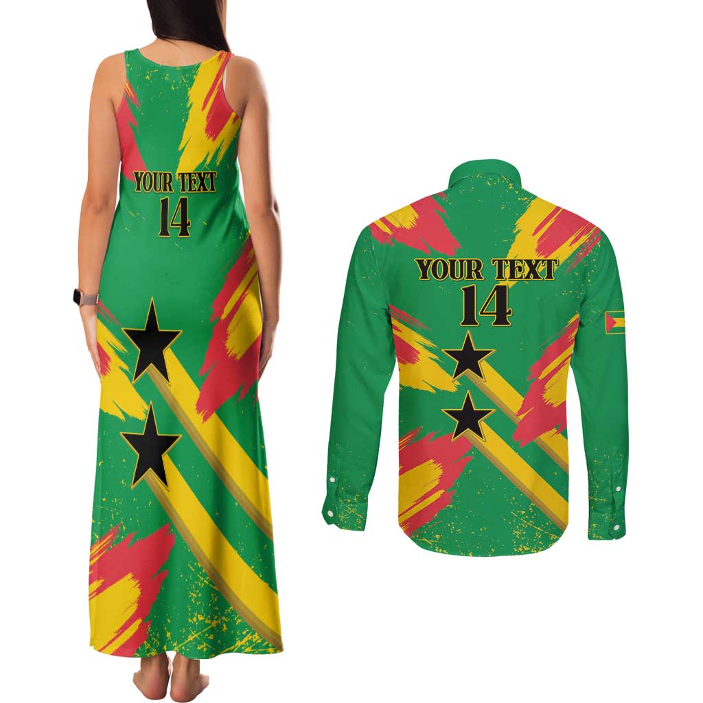 Custom Sao Tome and Principe Football Couples Matching Tank Maxi Dress and Long Sleeve Button Shirt Selecao dos Falcoes e Papagaios