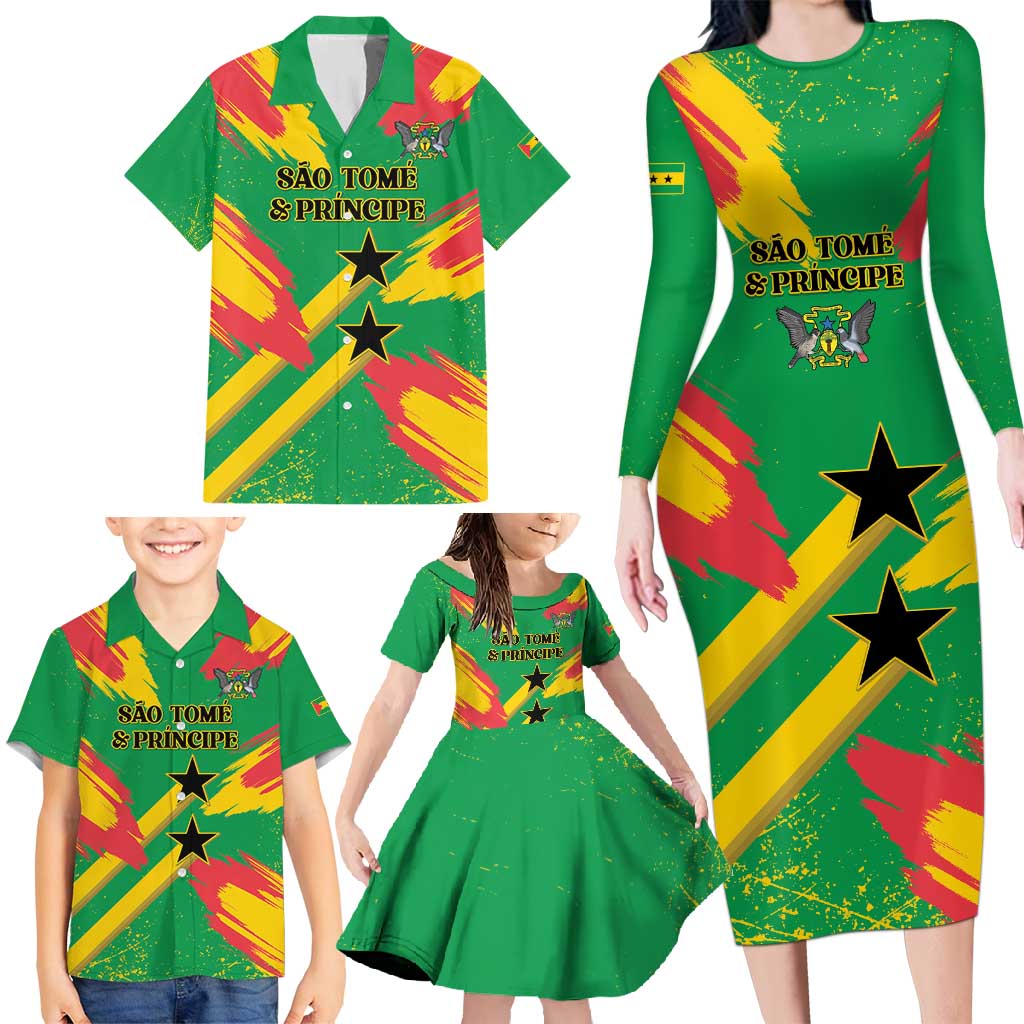 Custom Sao Tome and Principe Football Family Matching Long Sleeve Bodycon Dress and Hawaiian Shirt Selecao dos Falcoes e Papagaios