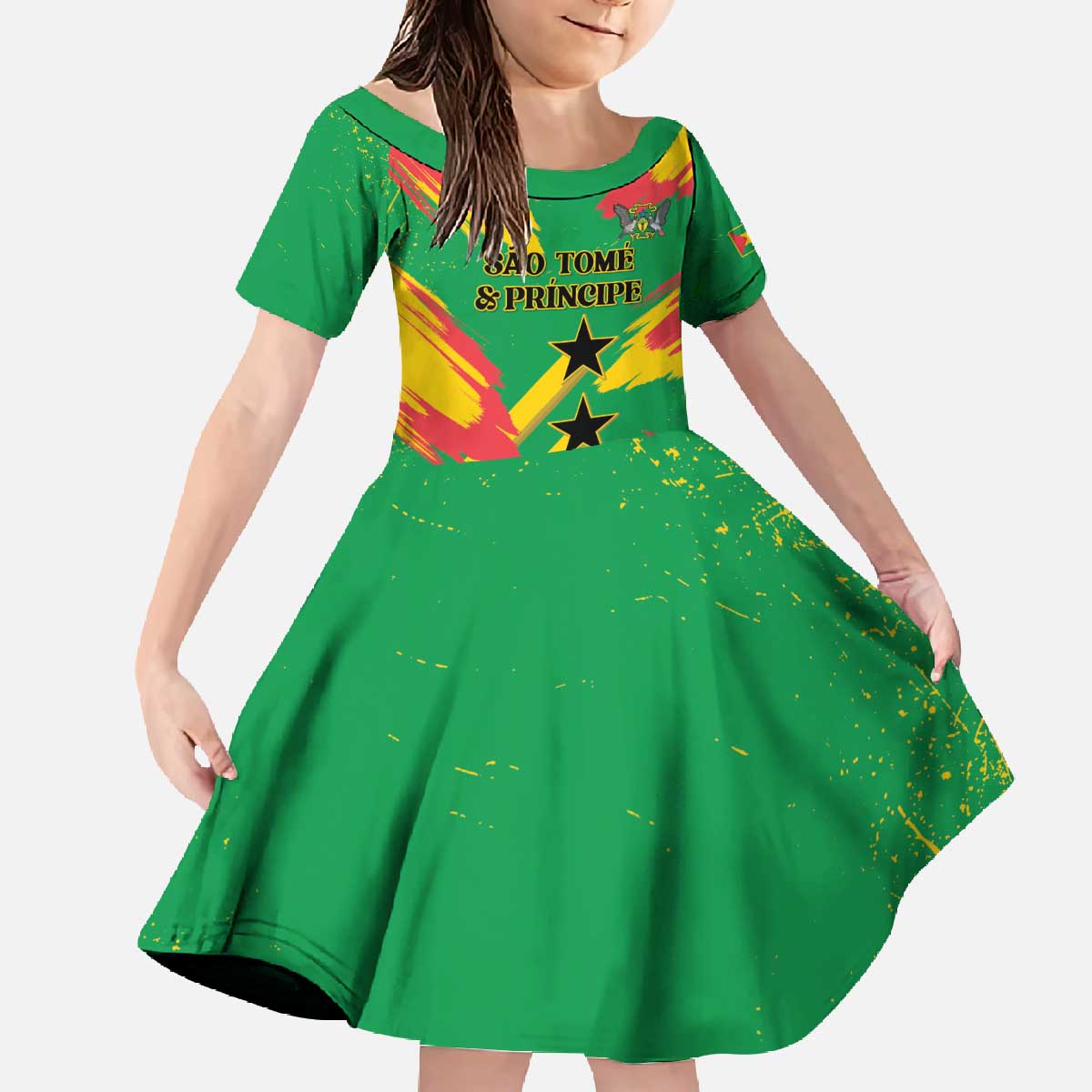 Custom Sao Tome and Principe Football Family Matching Off The Shoulder Long Sleeve Dress and Hawaiian Shirt Selecao dos Falcoes e Papagaios