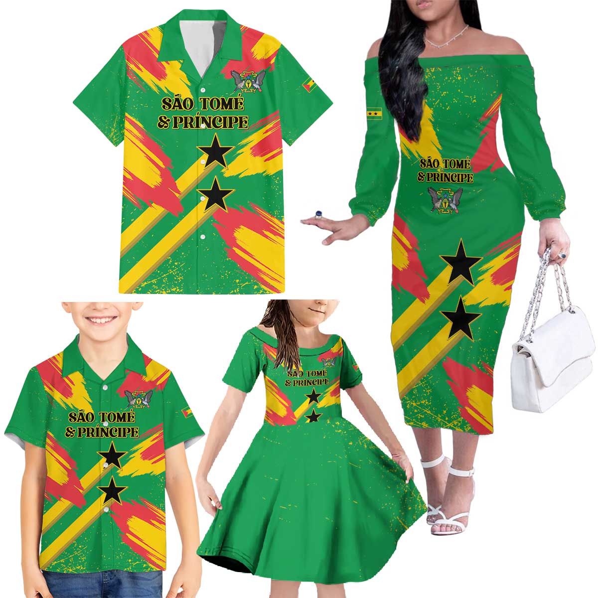 Custom Sao Tome and Principe Football Family Matching Off The Shoulder Long Sleeve Dress and Hawaiian Shirt Selecao dos Falcoes e Papagaios
