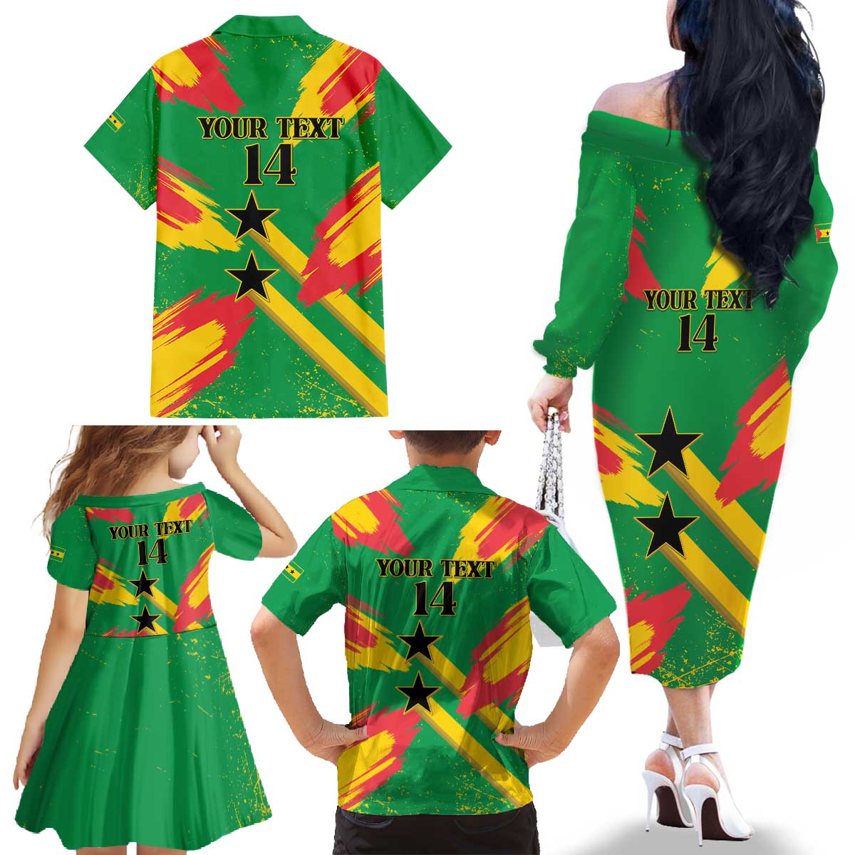 Custom Sao Tome and Principe Football Family Matching Off The Shoulder Long Sleeve Dress and Hawaiian Shirt Selecao dos Falcoes e Papagaios