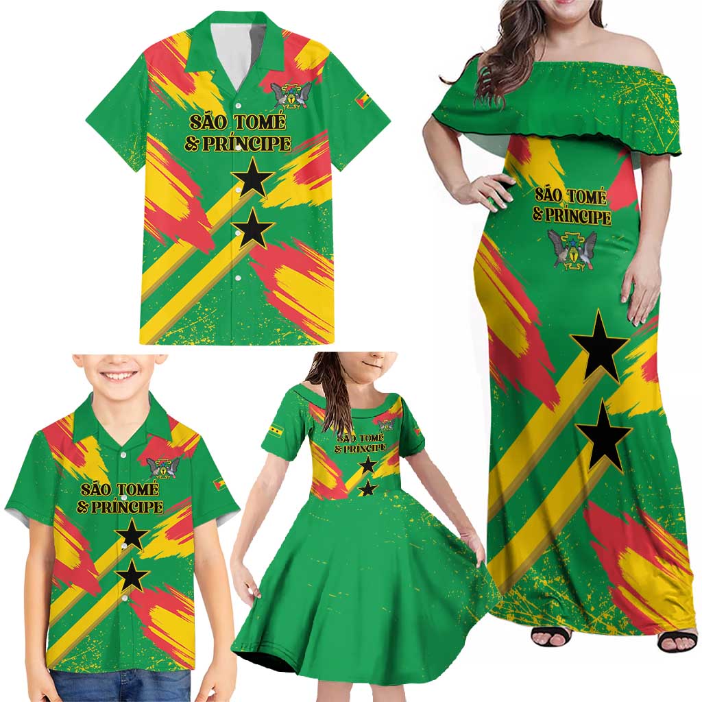 Custom Sao Tome and Principe Football Family Matching Off Shoulder Maxi Dress and Hawaiian Shirt Selecao dos Falcoes e Papagaios