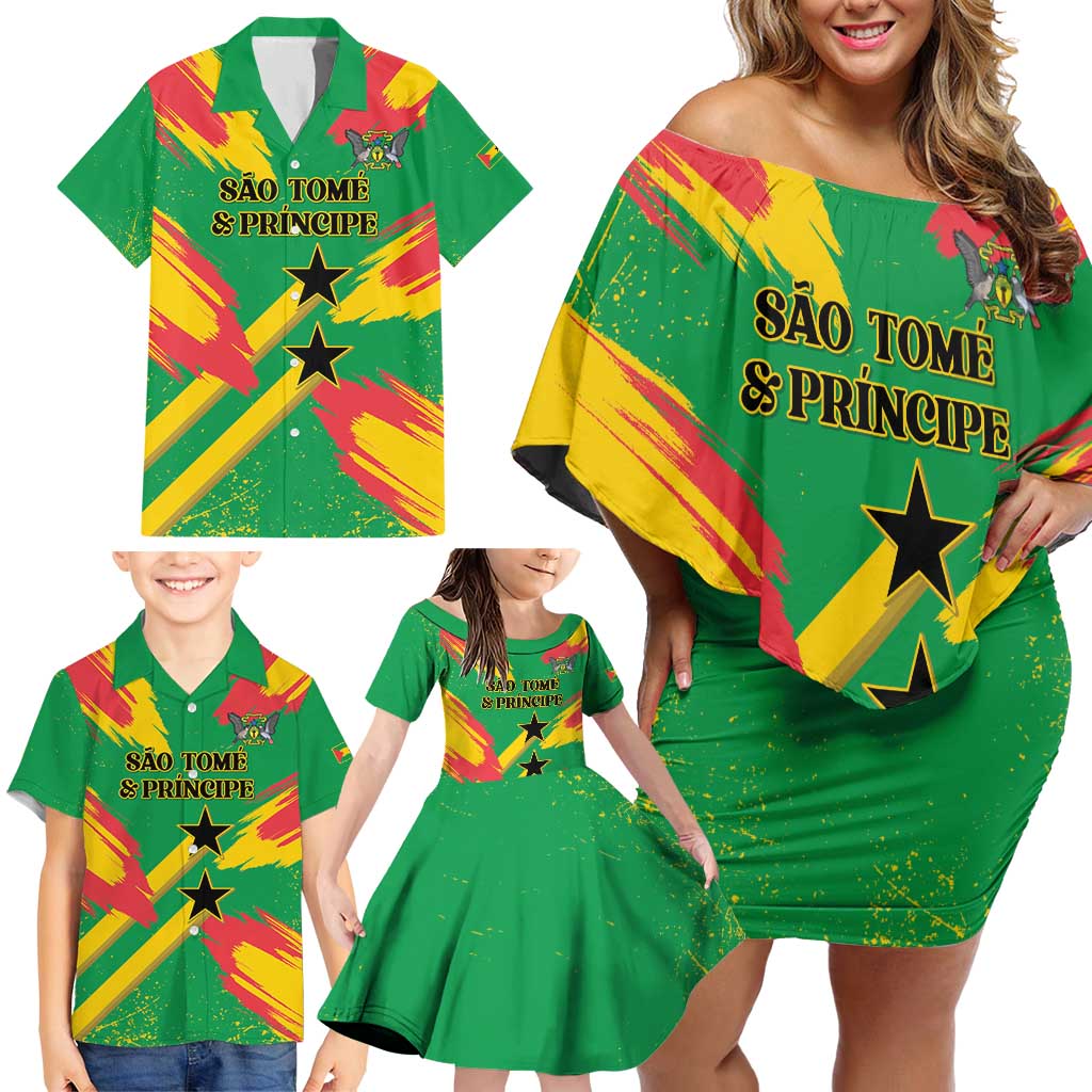 Custom Sao Tome and Principe Football Family Matching Off Shoulder Short Dress and Hawaiian Shirt Selecao dos Falcoes e Papagaios