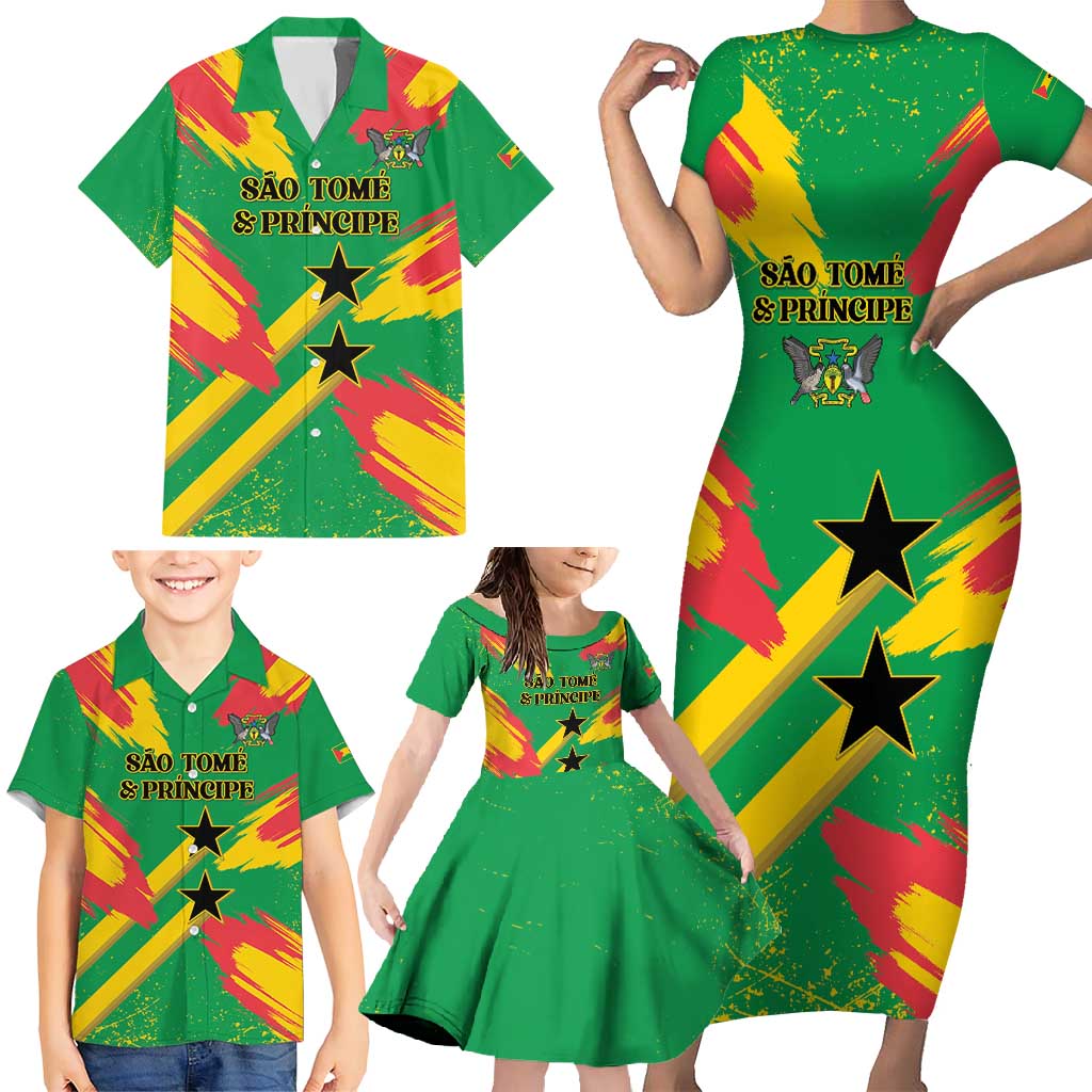 Custom Sao Tome and Principe Football Family Matching Short Sleeve Bodycon Dress and Hawaiian Shirt Selecao dos Falcoes e Papagaios