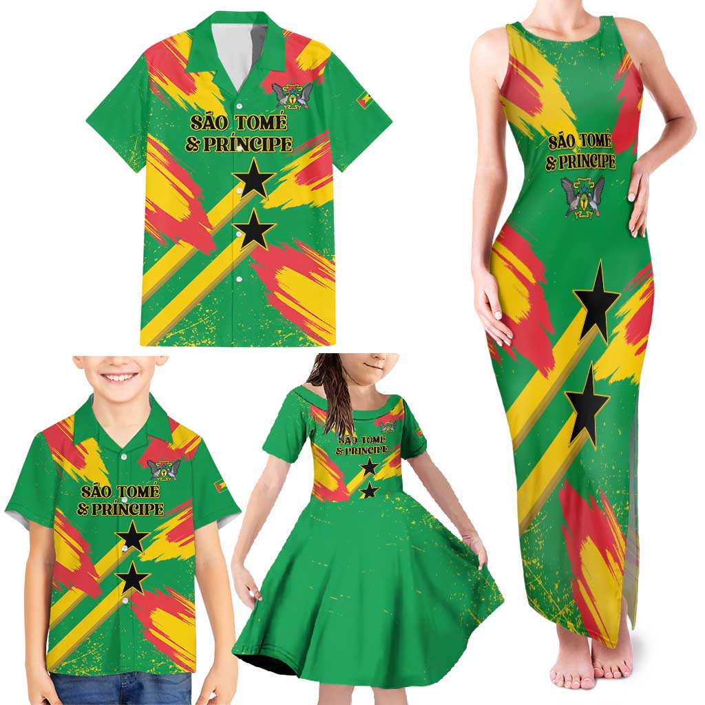Custom Sao Tome and Principe Football Family Matching Tank Maxi Dress and Hawaiian Shirt Selecao dos Falcoes e Papagaios
