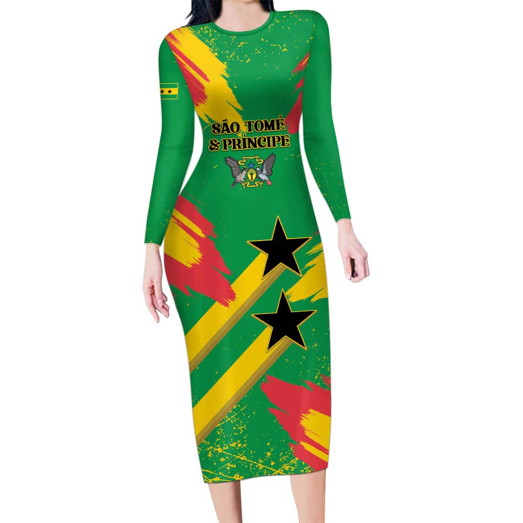 Custom Sao Tome and Principe Football Long Sleeve Bodycon Dress Selecao dos Falcoes e Papagaios