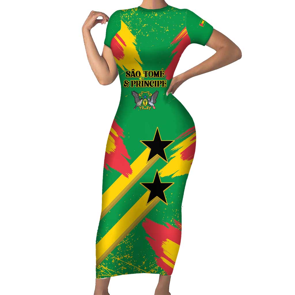 Custom Sao Tome and Principe Football Short Sleeve Bodycon Dress Selecao dos Falcoes e Papagaios