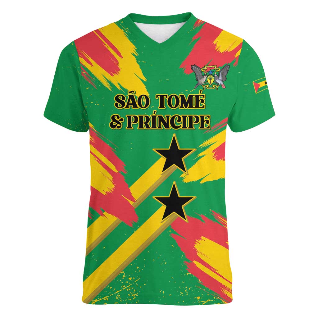Custom Sao Tome and Principe Football Women V-Neck T-Shirt Selecao dos Falcoes e Papagaios