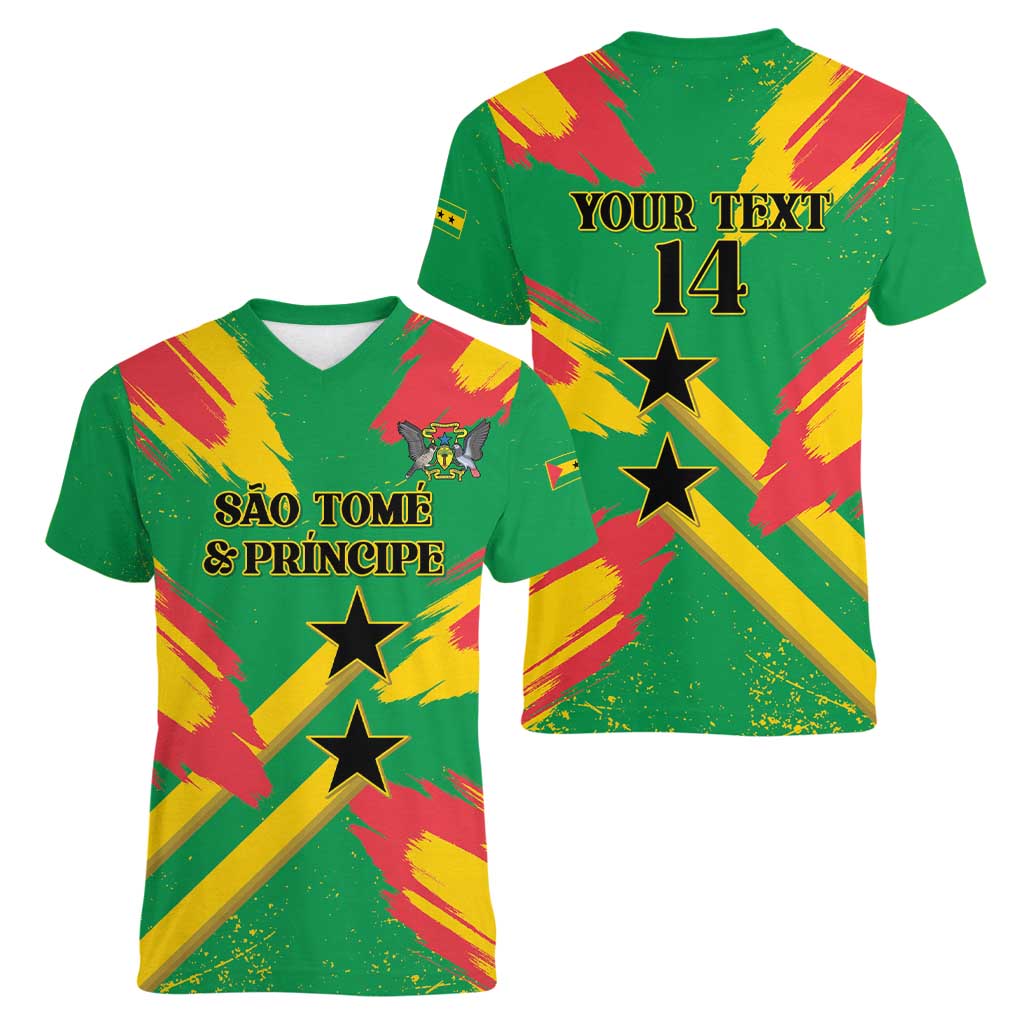 Custom Sao Tome and Principe Football Women V-Neck T-Shirt Selecao dos Falcoes e Papagaios