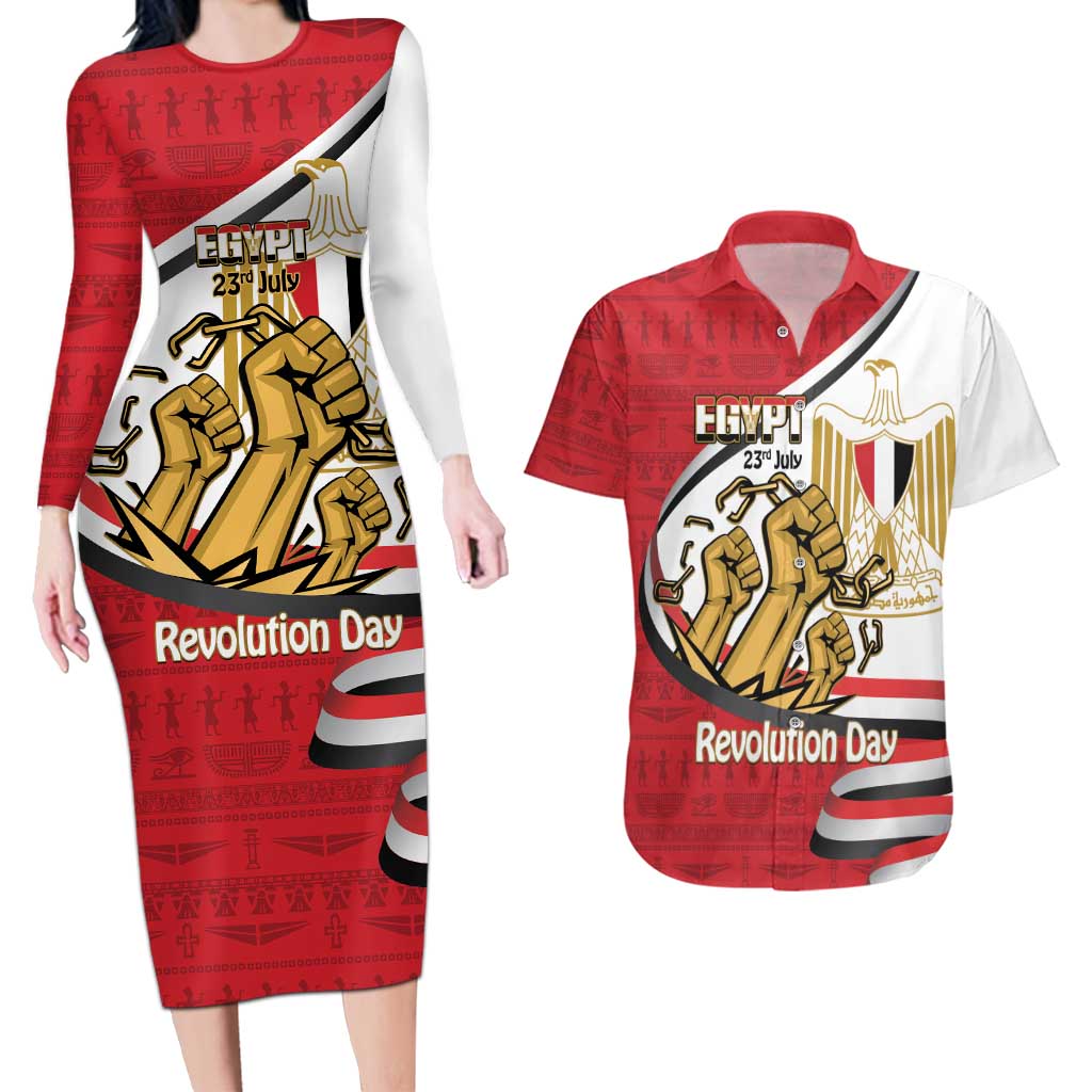 Egypt Revolution Day Couples Matching Long Sleeve Bodycon Dress and Hawaiian Shirt Coat of Arms Egyptian Pattern