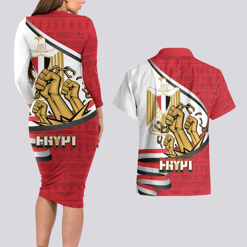 Egypt Revolution Day Couples Matching Long Sleeve Bodycon Dress and Hawaiian Shirt Coat of Arms Egyptian Pattern