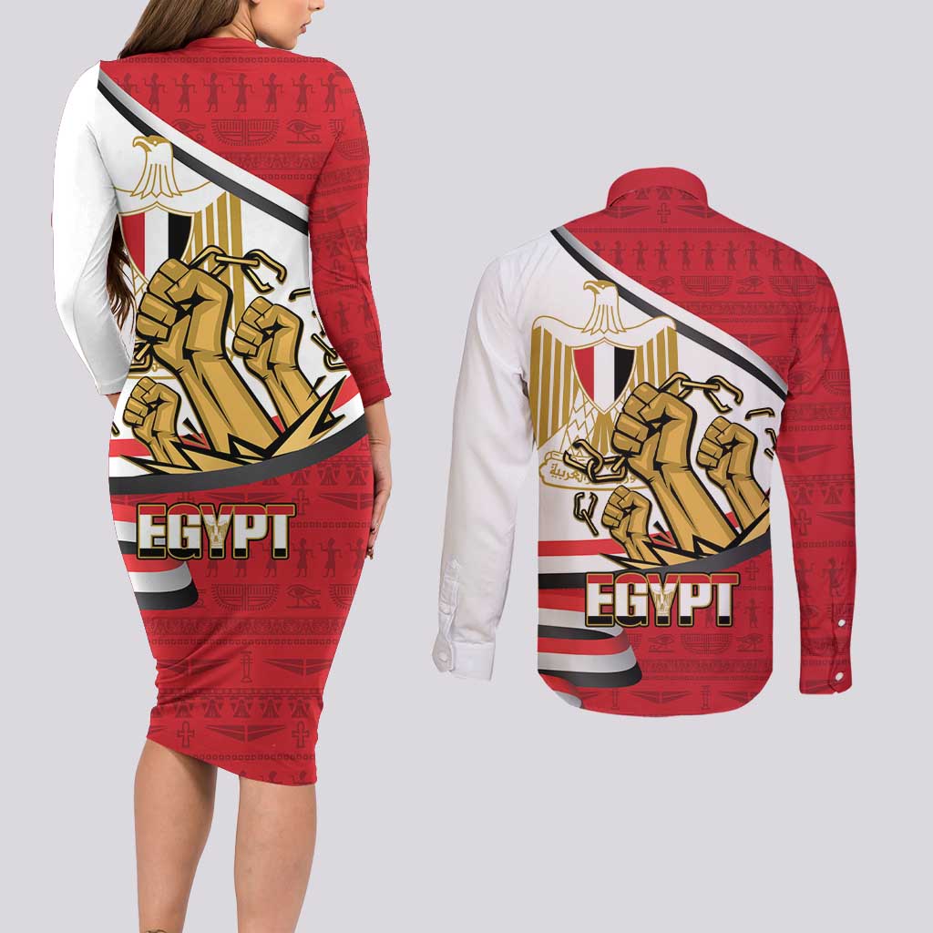 Egypt Revolution Day Couples Matching Long Sleeve Bodycon Dress and Long Sleeve Button Shirt Coat of Arms Egyptian Pattern