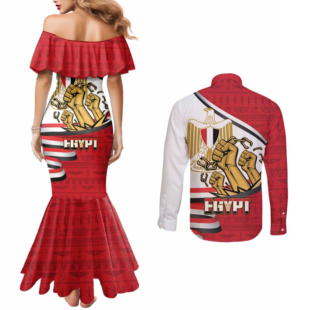 Egypt Revolution Day Couples Matching Mermaid Dress and Long Sleeve Button Shirt Coat of Arms Egyptian Pattern