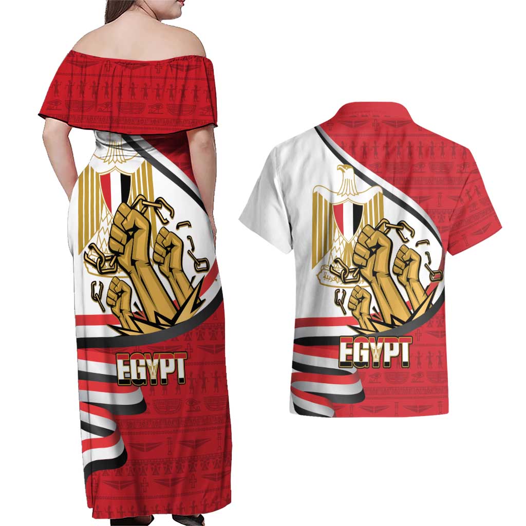 Egypt Revolution Day Couples Matching Off Shoulder Maxi Dress and Hawaiian Shirt Coat of Arms Egyptian Pattern