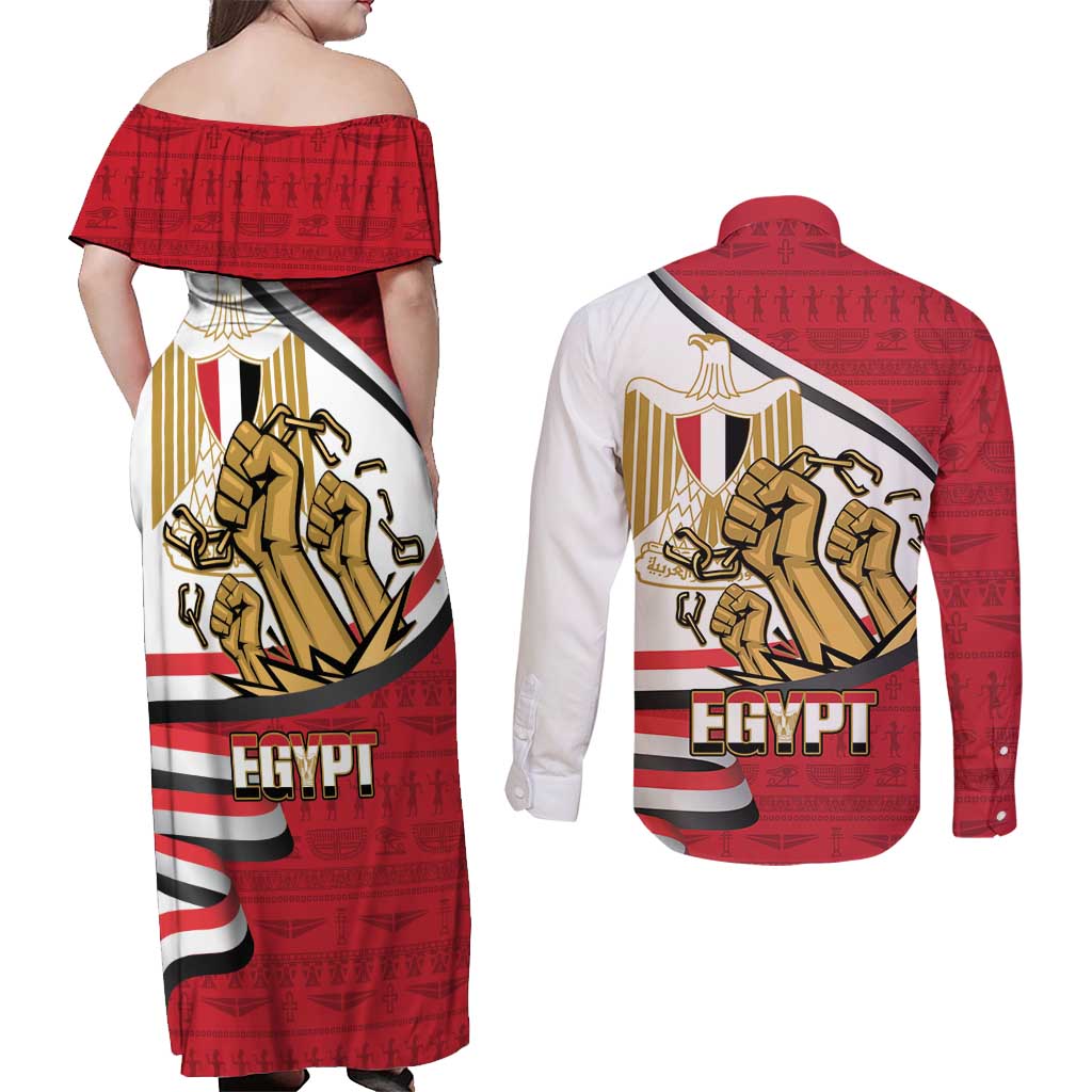 Egypt Revolution Day Couples Matching Off Shoulder Maxi Dress and Long Sleeve Button Shirt Coat of Arms Egyptian Pattern
