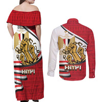 Egypt Revolution Day Couples Matching Off Shoulder Maxi Dress and Long Sleeve Button Shirt Coat of Arms Egyptian Pattern