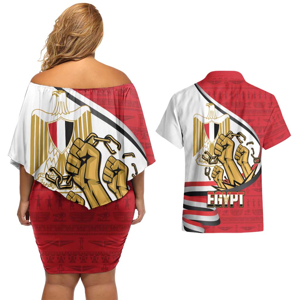 Egypt Revolution Day Couples Matching Off Shoulder Short Dress and Hawaiian Shirt Coat of Arms Egyptian Pattern