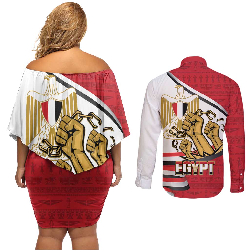 Egypt Revolution Day Couples Matching Off Shoulder Short Dress and Long Sleeve Button Shirt Coat of Arms Egyptian Pattern