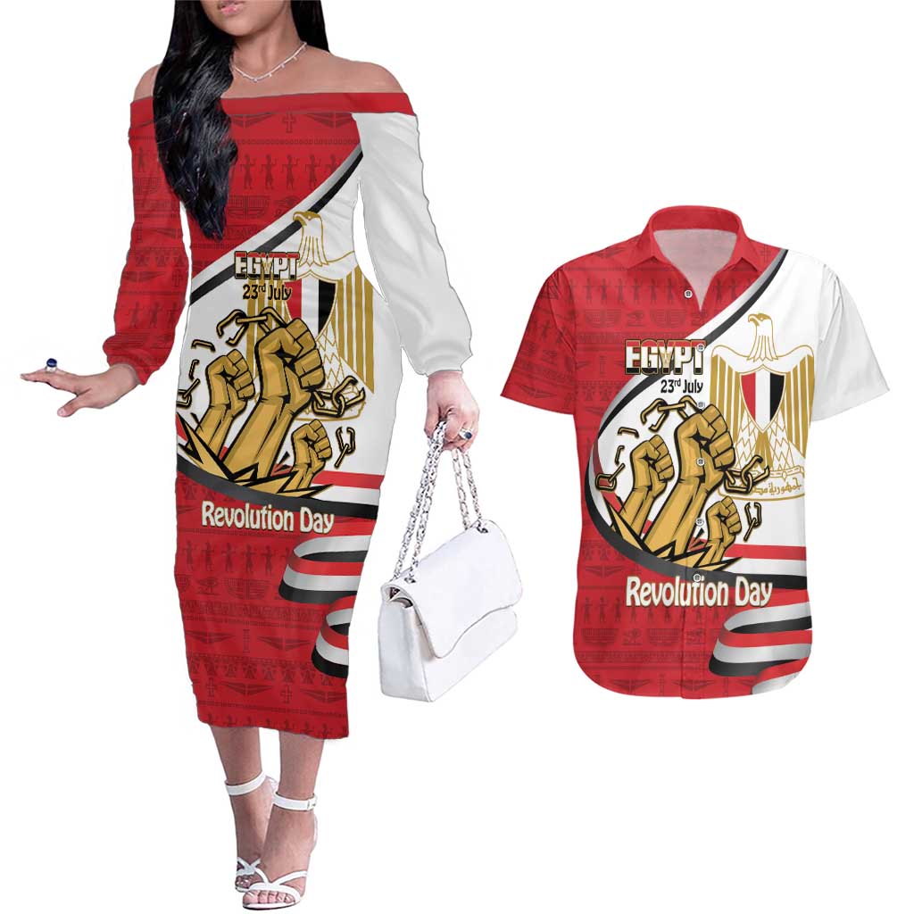 Egypt Revolution Day Couples Matching Off The Shoulder Long Sleeve Dress and Hawaiian Shirt Coat of Arms Egyptian Pattern