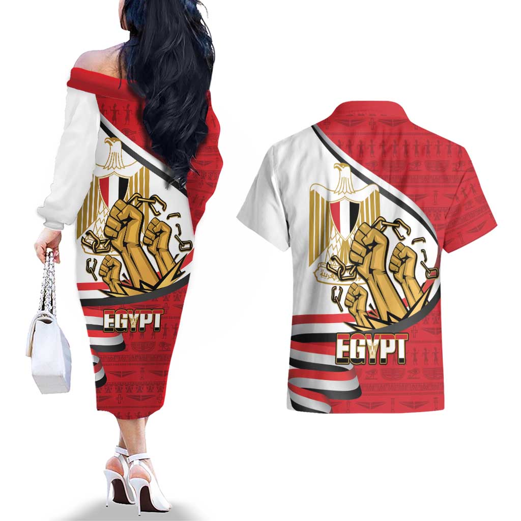 Egypt Revolution Day Couples Matching Off The Shoulder Long Sleeve Dress and Hawaiian Shirt Coat of Arms Egyptian Pattern
