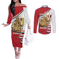 Egypt Revolution Day Couples Matching Off The Shoulder Long Sleeve Dress and Long Sleeve Button Shirt Coat of Arms Egyptian Pattern