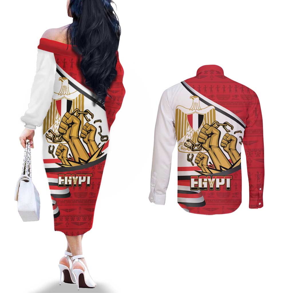 Egypt Revolution Day Couples Matching Off The Shoulder Long Sleeve Dress and Long Sleeve Button Shirt Coat of Arms Egyptian Pattern