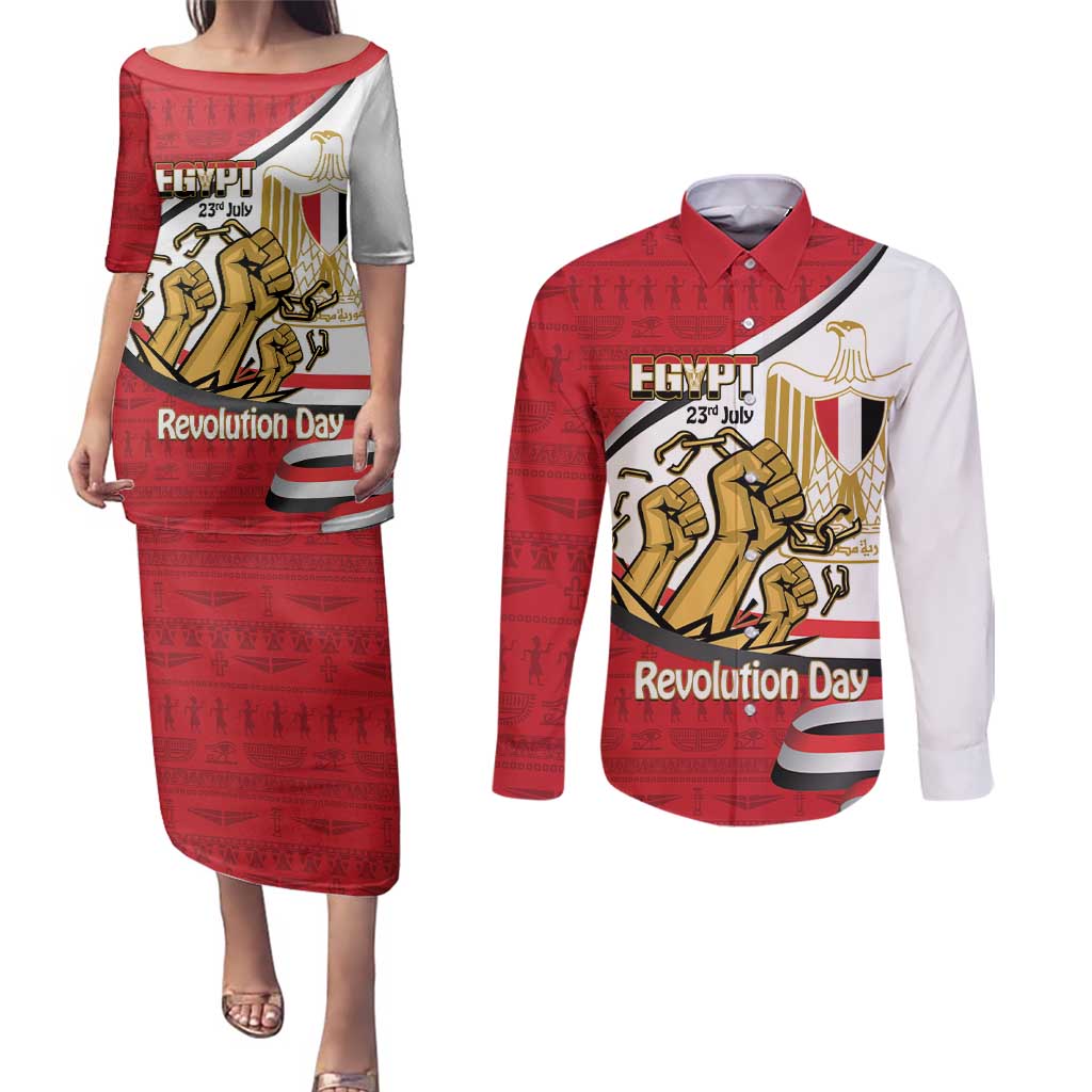Egypt Revolution Day Couples Matching Puletasi and Long Sleeve Button Shirt Coat of Arms Egyptian Pattern