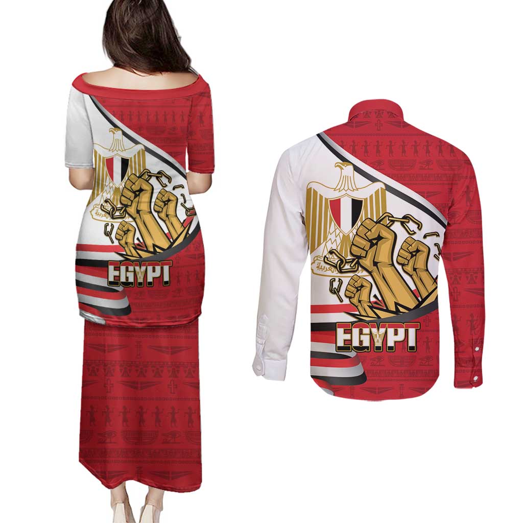 Egypt Revolution Day Couples Matching Puletasi and Long Sleeve Button Shirt Coat of Arms Egyptian Pattern