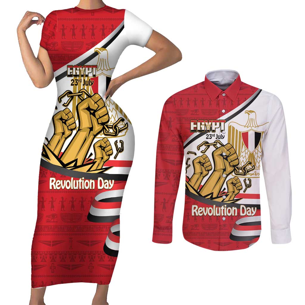 Egypt Revolution Day Couples Matching Short Sleeve Bodycon Dress and Long Sleeve Button Shirt Coat of Arms Egyptian Pattern