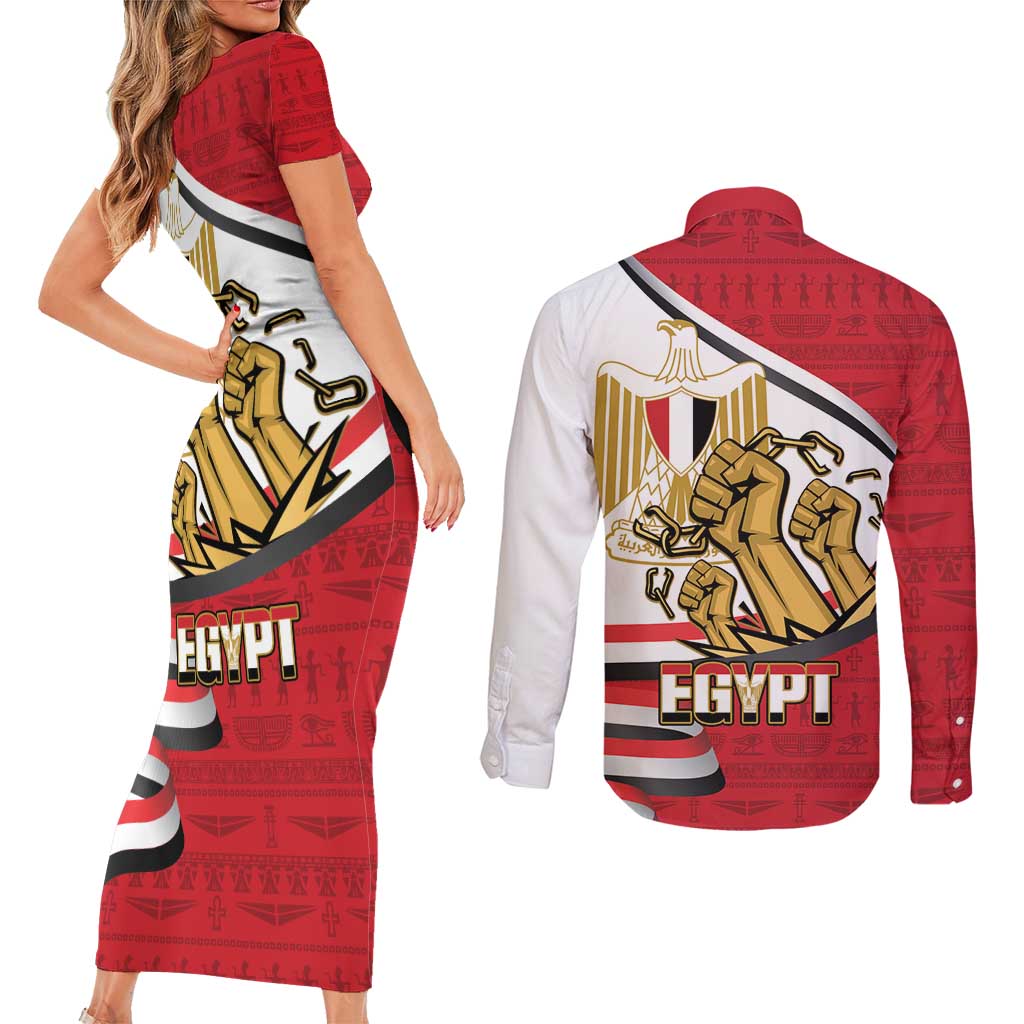 Egypt Revolution Day Couples Matching Short Sleeve Bodycon Dress and Long Sleeve Button Shirt Coat of Arms Egyptian Pattern