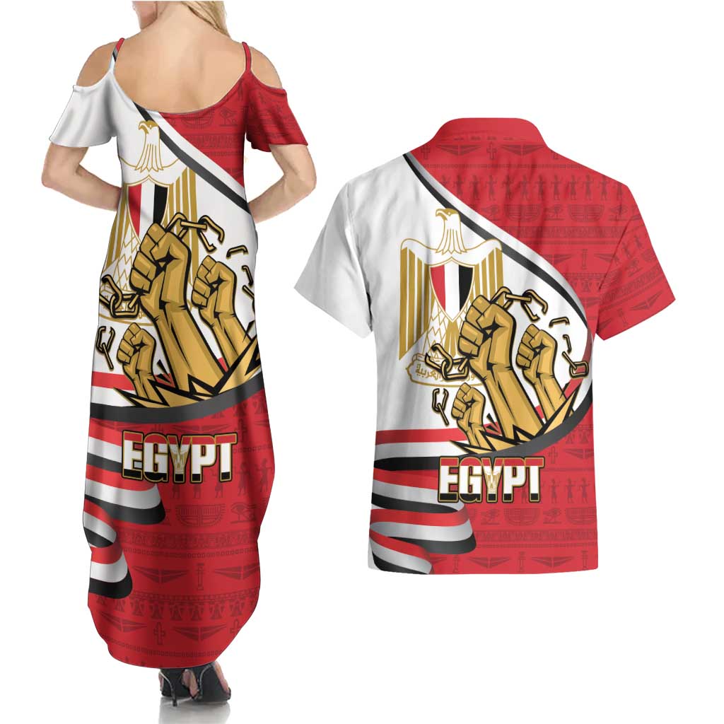 Egypt Revolution Day Couples Matching Summer Maxi Dress and Hawaiian Shirt Coat of Arms Egyptian Pattern