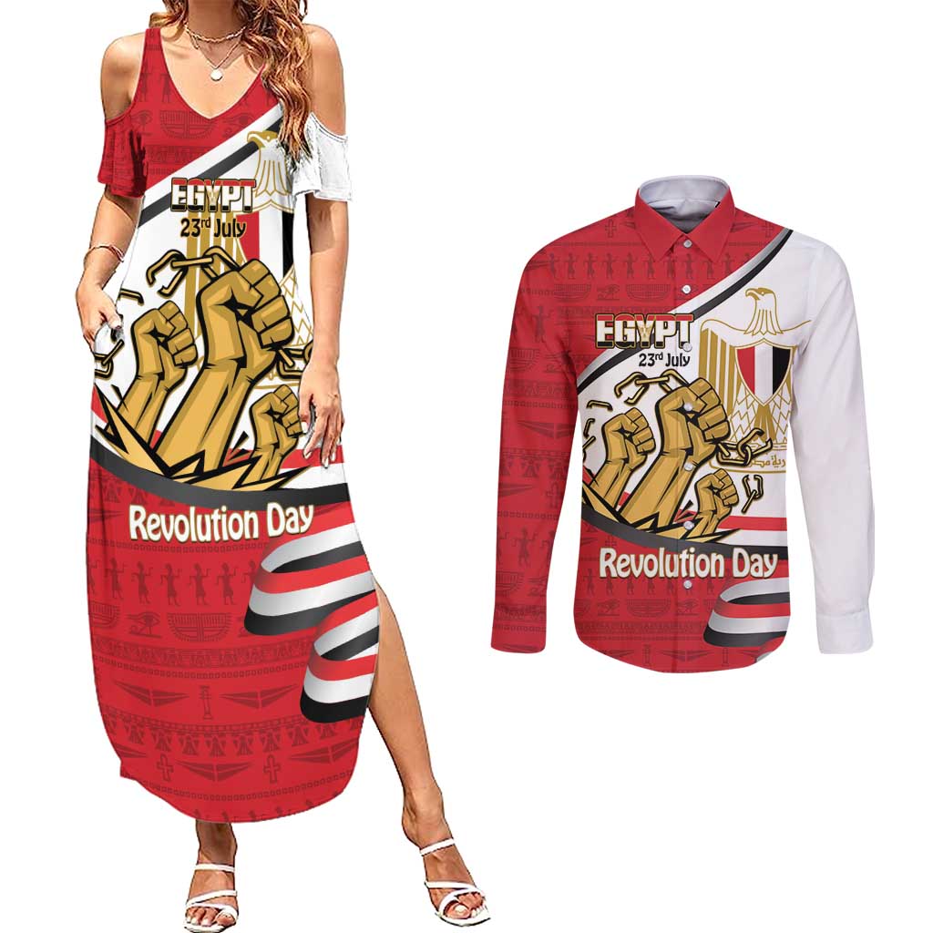 Egypt Revolution Day Couples Matching Summer Maxi Dress and Long Sleeve Button Shirt Coat of Arms Egyptian Pattern