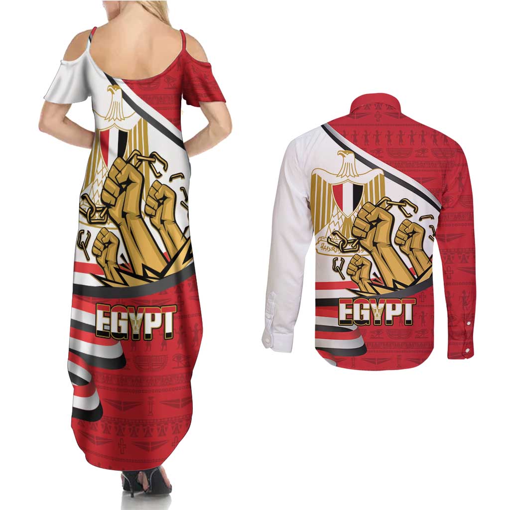 Egypt Revolution Day Couples Matching Summer Maxi Dress and Long Sleeve Button Shirt Coat of Arms Egyptian Pattern