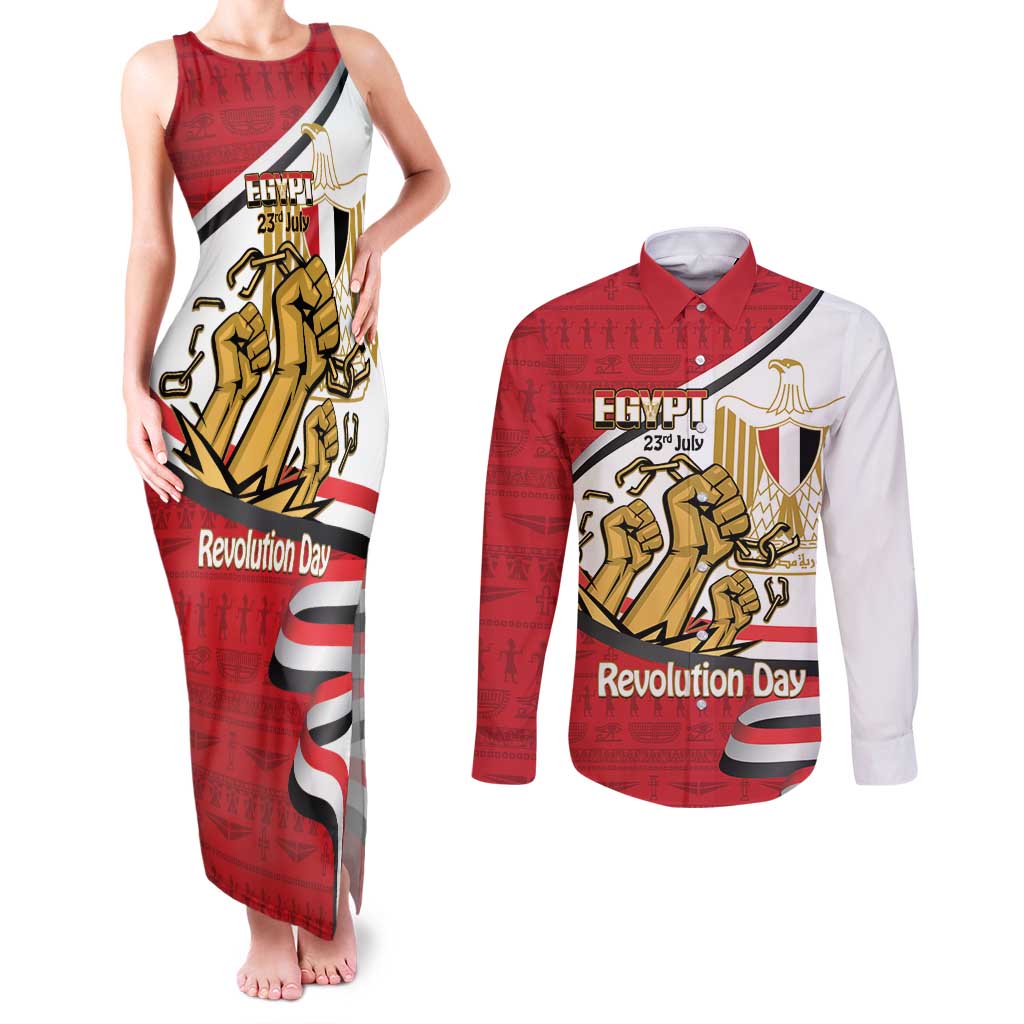 Egypt Revolution Day Couples Matching Tank Maxi Dress and Long Sleeve Button Shirt Coat of Arms Egyptian Pattern