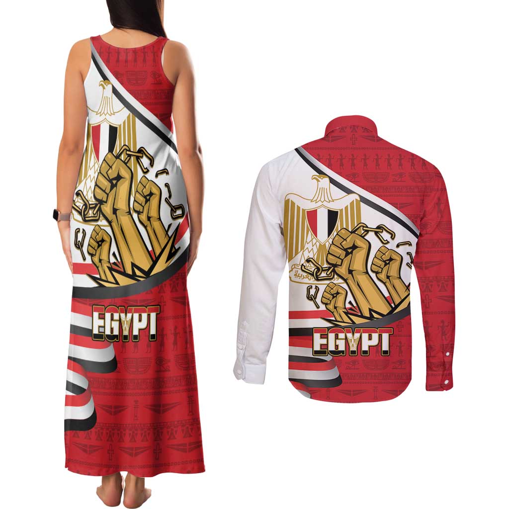 Egypt Revolution Day Couples Matching Tank Maxi Dress and Long Sleeve Button Shirt Coat of Arms Egyptian Pattern