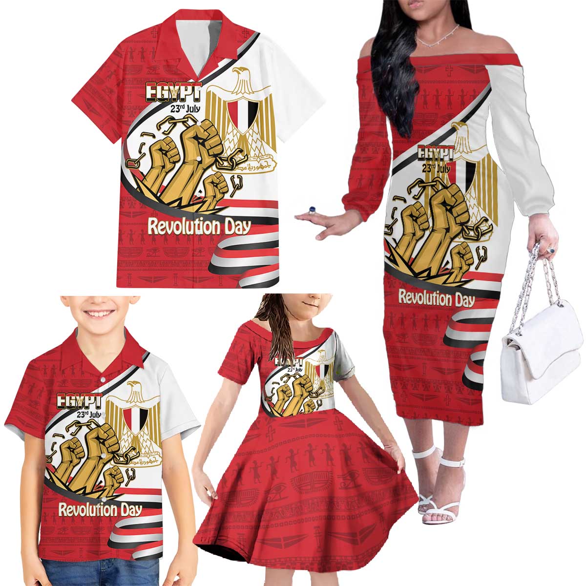 Egypt Revolution Day Family Matching Off The Shoulder Long Sleeve Dress and Hawaiian Shirt Coat of Arms Egyptian Pattern
