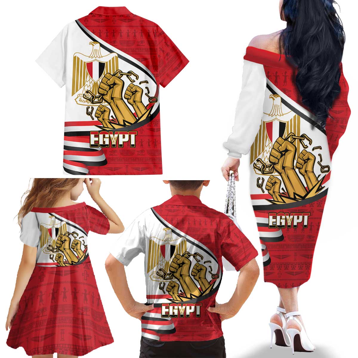 Egypt Revolution Day Family Matching Off The Shoulder Long Sleeve Dress and Hawaiian Shirt Coat of Arms Egyptian Pattern
