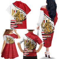 Egypt Revolution Day Family Matching Off The Shoulder Long Sleeve Dress and Hawaiian Shirt Coat of Arms Egyptian Pattern